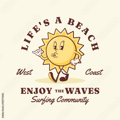 Summer Sunny Surfing Retro Cartoon Character Label. Groovy Sun Showing Shaka Sign Illustration with Typography. Beach Personage Walking Smiling Vintage Vector Drawing Logo Template Isolated
