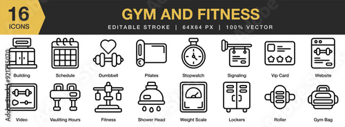 GYM And Fitness icon set. Editable Stroke Icon Collection. Includes pilates, roller, signaling, video, weight scale, and More. Outline icons vector collection.