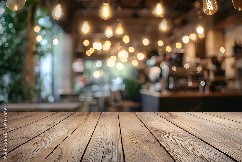 Wooden table top with blurred background of a cafe with warm lighting.