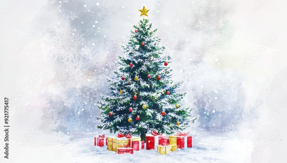 Festive Christmas tree decorated with ornaments and surrounded by gifts in winter snow Festive Christmas tree decorated with ornaments and surrounded by gifts in winter snow