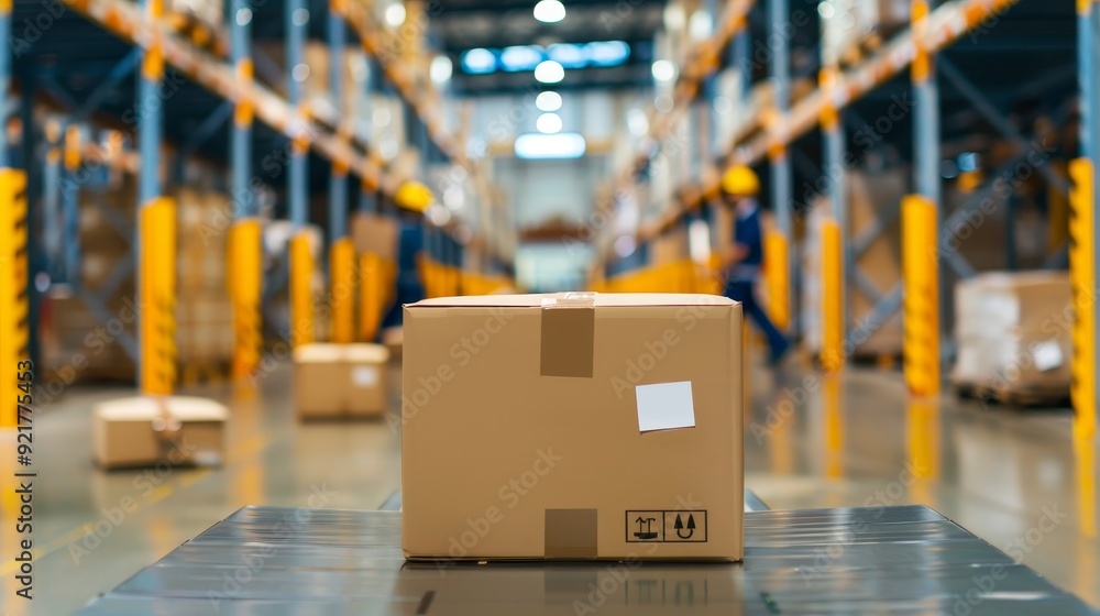 Warehouse courier service handling freight packages, emphasizing movement with copy space and deep depth of field.