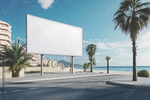 Blank billboard on a sunny beachside road with palm trees, a blue sky, and white clouds, overlooking the ocean. photo