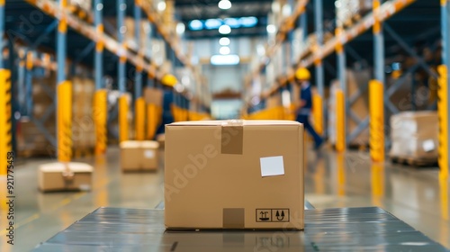 Obraz na płótnie Warehouse courier service handling freight packages, emphasizing movement with copy space and deep depth of field. w salonie