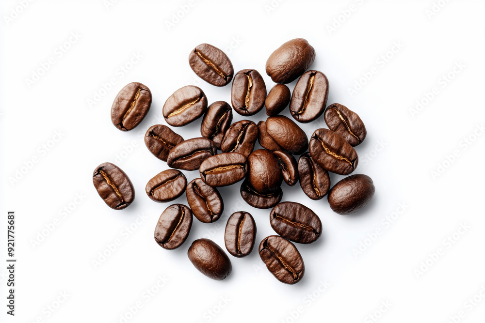 A collection of roasted coffee beans arranged on a white background, showcasing their rich color and texture for food photography. A collection of roasted coffee beans arranged on a white background, showcasing their rich color and texture for food photography.