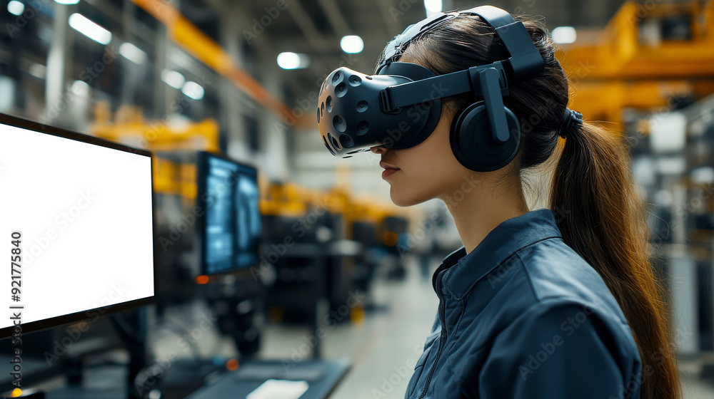 A female engineer using a VR headset in an industrial setting, showcasing the application of virtual reality in manufacturing and engineering for training and process optimization. A female engineer using a VR headset in an industrial setting, showcasing the application of virtual reality in manufacturing and engineering for training and process optimization.