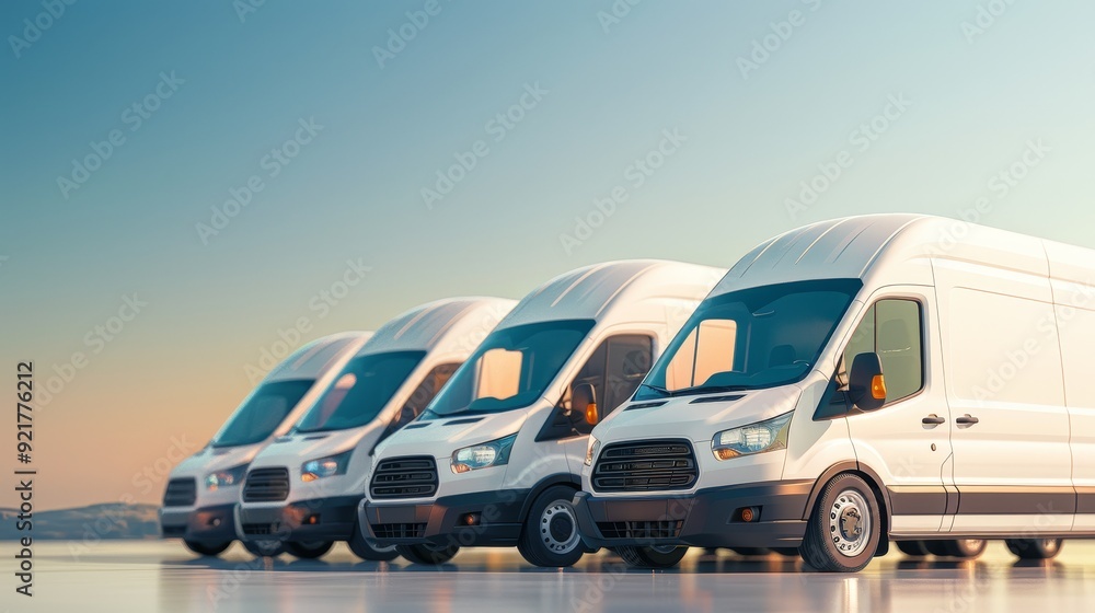 Delivery vans lined up with supply goods for dispatch, copy space, focus on all objects, deep depth of field.
