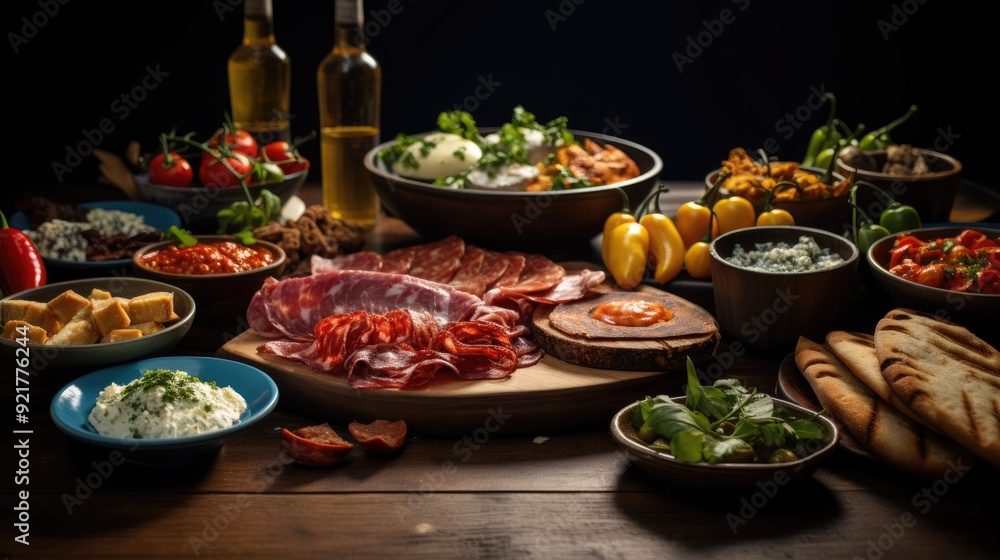 Rustic wooden table with an array of tapas dishes Rustic wooden table with an array of tapas dishes
