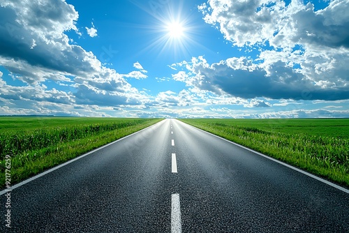 Empty asphalt road with white lines leading towards a bright sun shining through puffy clouds.