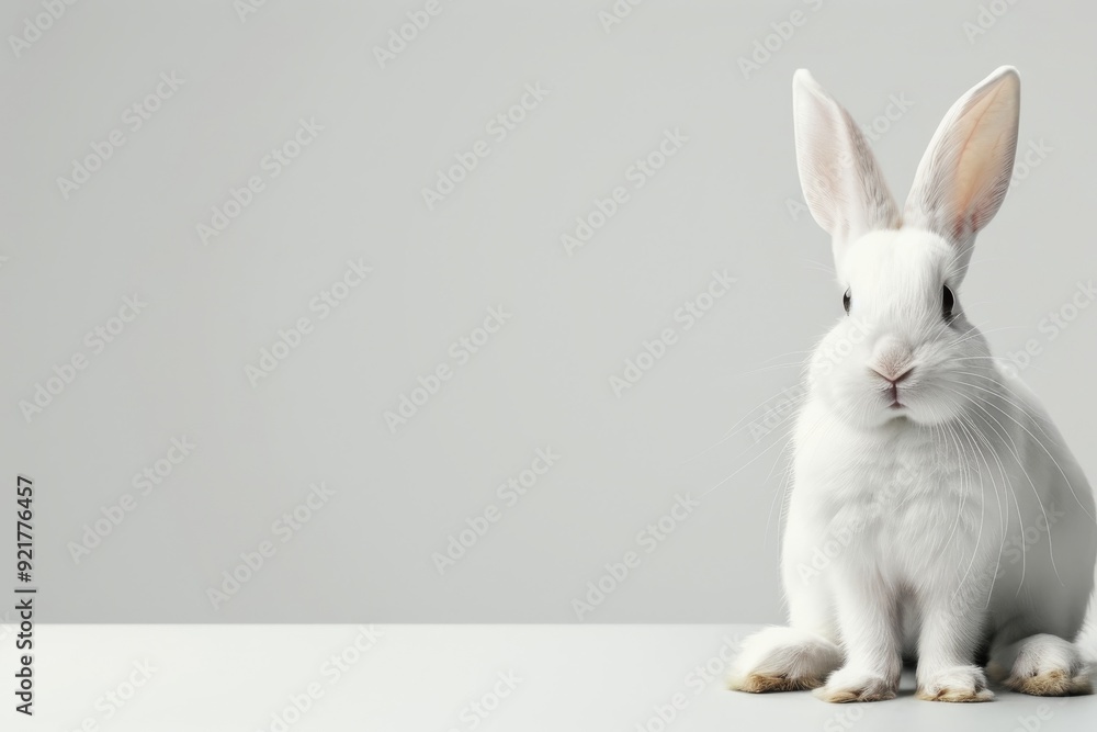 Obraz premium Adorable white rabbit sitting on a white background, looking at the camera, with its large ears upright and a curious expression.