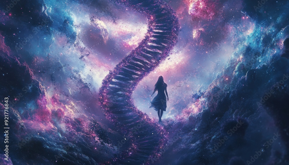 A figure ascends a cosmic staircase illuminated by stars and vibrant nebulas at twilight A figure ascends a cosmic staircase illuminated by stars and vibrant nebulas at twilight