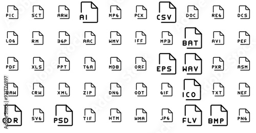 Set Of Linear File Format Thin Isolated Silhouette Solid Icons With Extension,File,Format,Gif-File,File-Format Vector Icon Set Linear Pictogram Pack