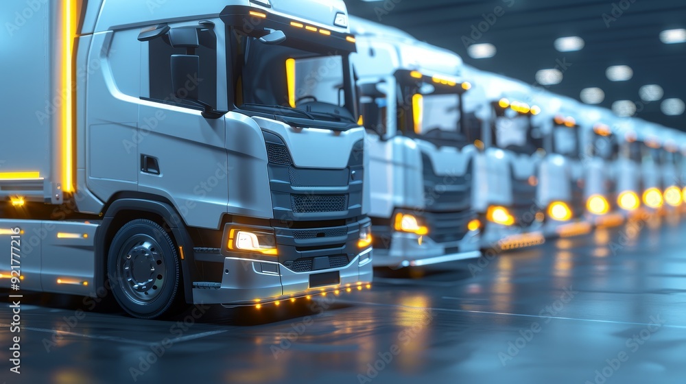 Fototapeta premium Diverse logistic vehicles fleet, various shapes, copy space, deep focus, objects covered, deep depth of field