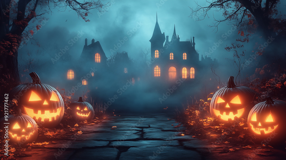 Halloween background with pumpkins and haunted house. 3d render Halloween background with pumpkins and haunted house. 3d render