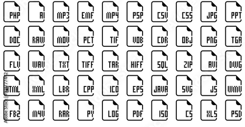 Set Of Filename Extensions Icons Web Header Banner Design Containing Extension,File-Type,Save,File,Document Business Infographic Elements Logo Vector Illustration