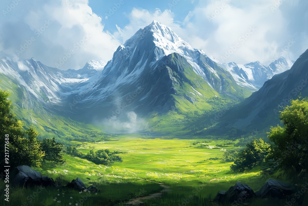 Obraz premium A stunning digital painting of a vast mountain valley bathed in summer sunlight.