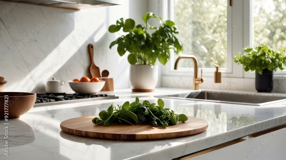 Platform podium in a beautiful kitchen. Realistic mock-up for product promotion. Abstract modern minimal background with empty podium Platform podium in a beautiful kitchen. Realistic mock-up for product promotion. Abstract modern minimal background with empty podium