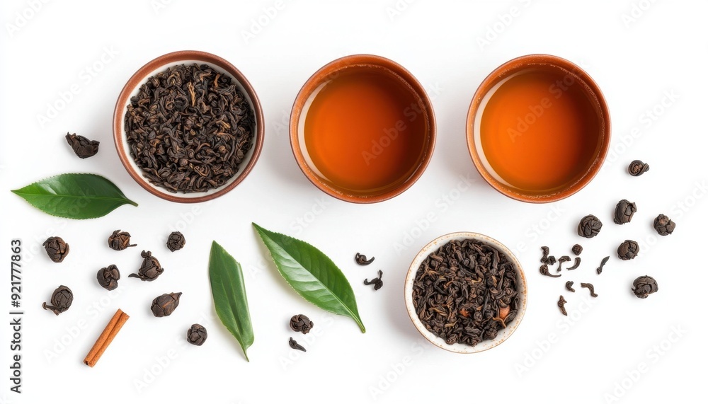 Assorted tea leaves and brewed tea in bowls on a white background with fresh tea leaves Assorted tea leaves and brewed tea in bowls on a white background with fresh tea leaves