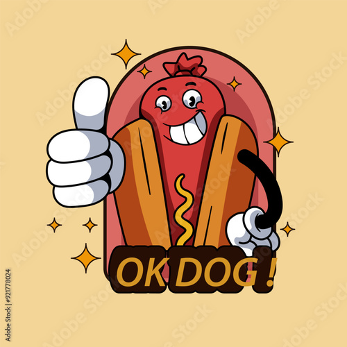 OK Hotdog Mascot Character Illustration Vintage