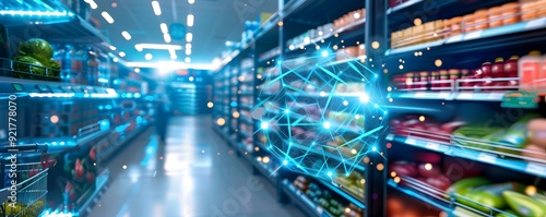 Futuristic Supermarket with Digital Network Sphere.