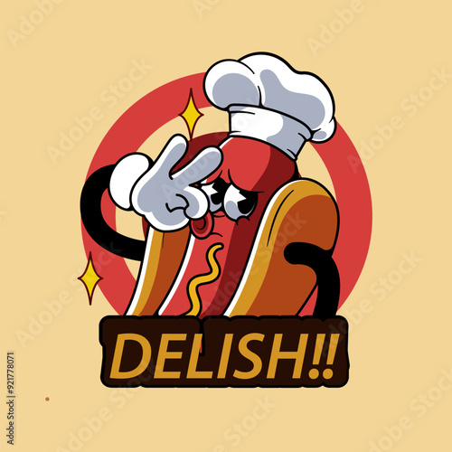 Chef Hotdog Mascot Character Illustration Vintage