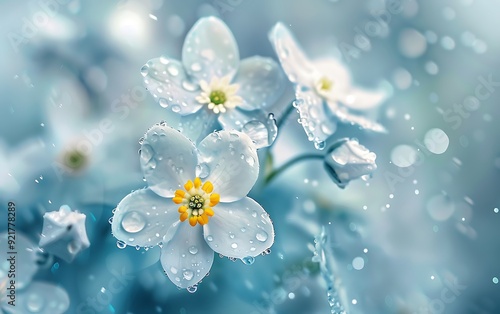 Beautiful white and blue flowers background with delicate petals and a yellow center  