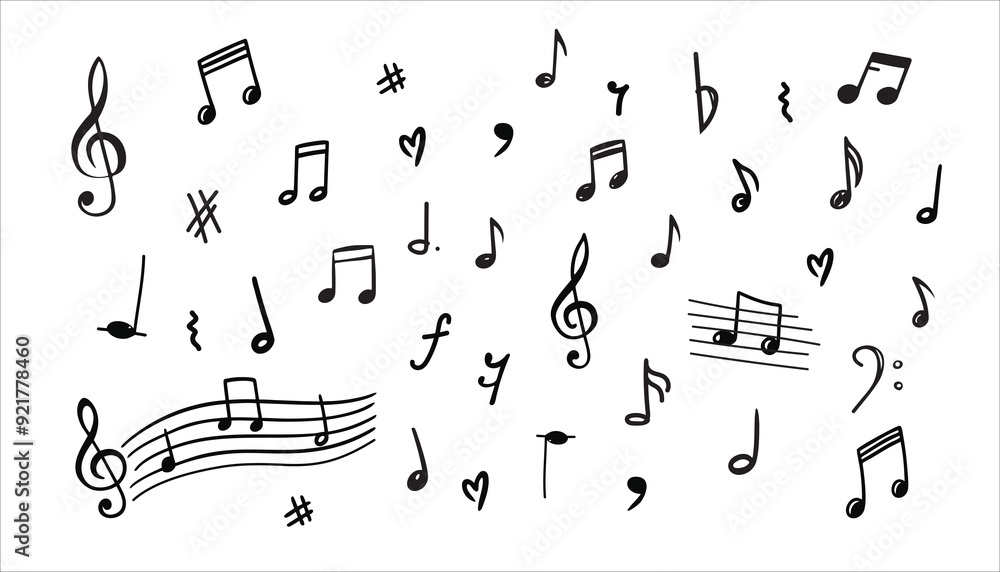 Music notes on a white background. Hand drawn music note. Doodle drawing music symbol sketch. Vector icons 