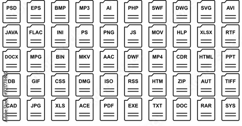 Set Of File Names 19 Regular Isolated Silhouette Solid Icons With Extension,Name,Html,Document,File Solid Icon Collection. Vector Illustration