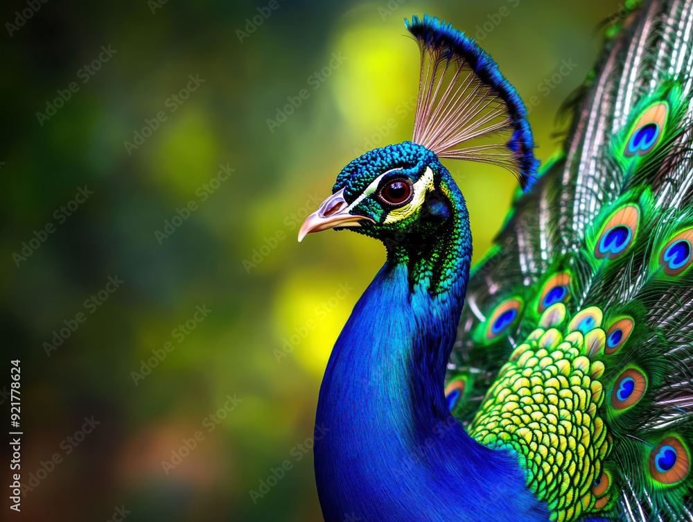 Obraz premium A beautiful blue and green peacock with a large, colorful head. The peacock is standing in a lush green field
