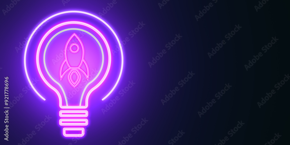 creative neon light bulb with rocket or spaceship icon on purple backdrop with mock up place. Startup, new beginnings and ideas concept. 3D Rendering. creative neon light bulb with rocket or spaceship icon on purple backdrop with mock up place. Startup, new beginnings and ideas concept. 3D Rendering.