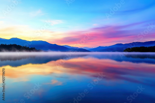 Wallpaper Mural A beautiful blue lake with a pink and purple sky in the background. The sky is filled with clouds and the sun is setting Torontodigital.ca