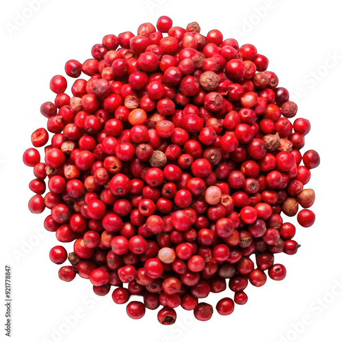 Red peppercorns pile top view isolated on transparent background