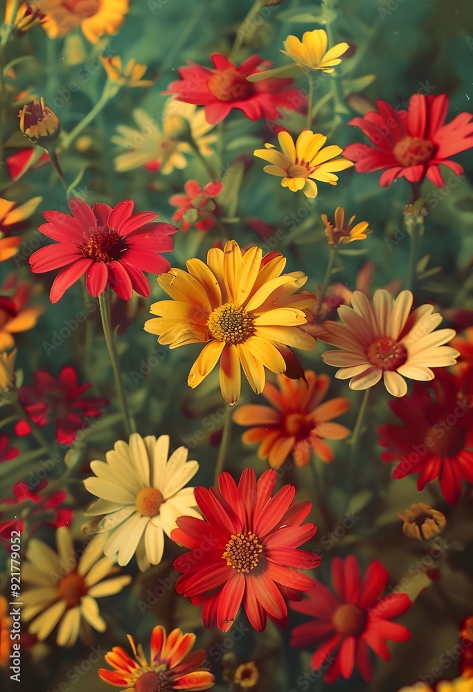 A colorful bouquet of flowers floating in the air, with vibrant red and yellow daisies against a green background. A colorful bouquet of flowers floating in the air, with vibrant red and yellow daisies against a green background.