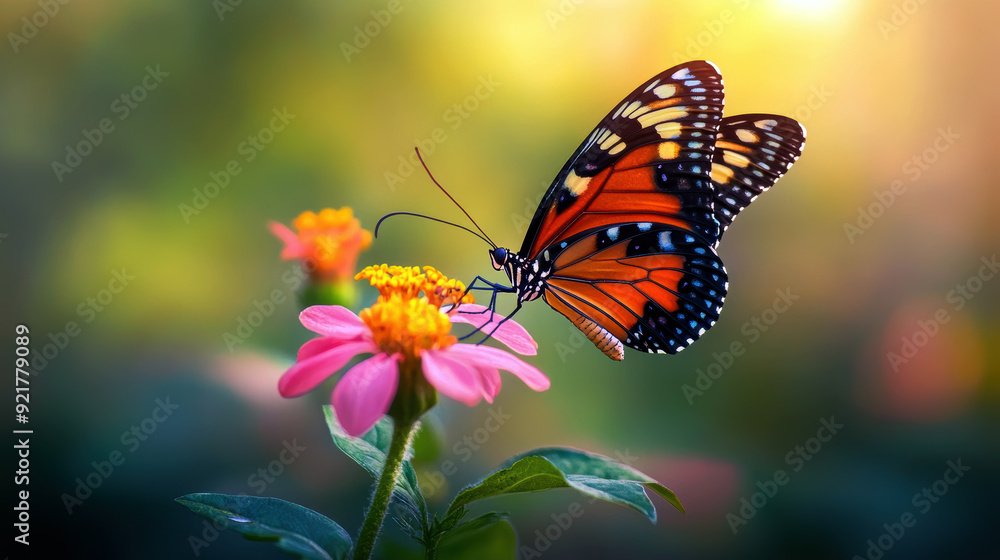 A butterfly is sitting on a pink flower. The butterfly is orange and black A butterfly is sitting on a pink flower. The butterfly is orange and black