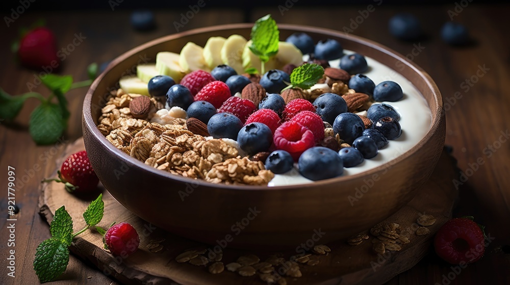 Smoothie bowl topped with fresh berries and granola Smoothie bowl topped with fresh berries and granola