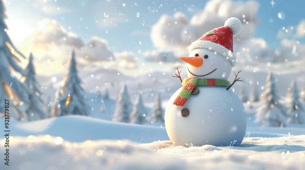Fototapeta premium A cheerful snowman with a colorful scarf and red hat stands in a snowy landscape, surrounded by snow-covered trees under a bright, cloudy sky.