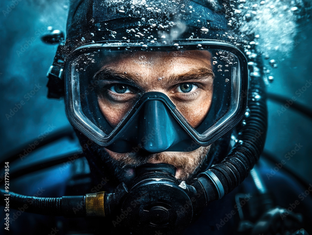 A man in a wet suit is underwater with his face covered by a mask. Concept of adventure and exploration, as the man is diving into the depths of the ocean. The blue and white colors of the water A man in a wet suit is underwater with his face covered by a mask. Concept of adventure and exploration, as the man is diving into the depths of the ocean. The blue and white colors of the water