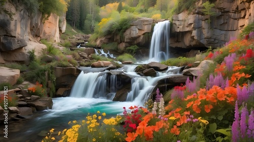 A cascading waterfall with water that seems to change color as it falls, surrounded by a variety of colorful wildflowers and bright green foliage photo