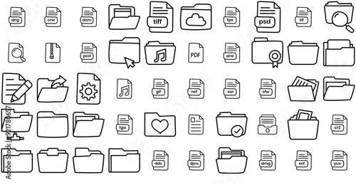 A Collection Of Files And Folders Hand Drawn Icons Isolated Silhouette Solid Icons With Filetype,File,Archive,File-Format,File-Extension Infographic Simple Vector Illustration Logo