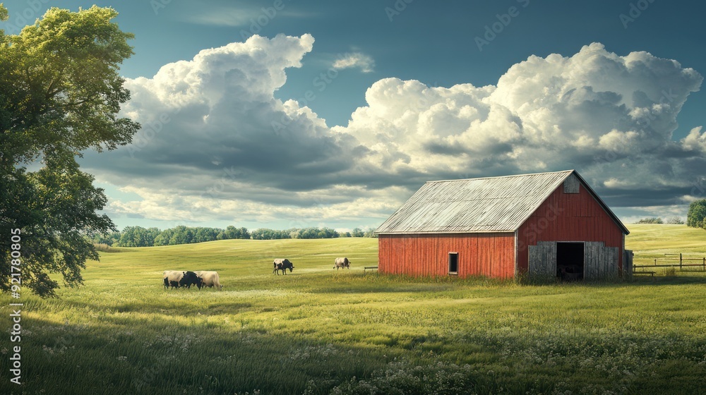 Red Barn in a Green Field with Fluffy Clouds