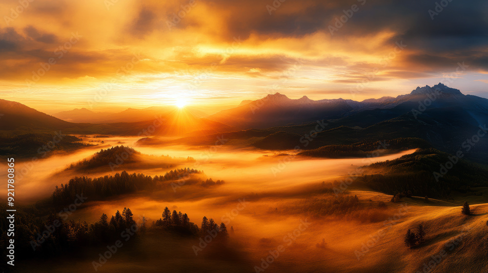 The sun is setting over a mountain range, casting a warm glow over the landscape. The sky is filled with clouds, creating a sense of mystery and depth. The misty atmosphere adds to the serene The sun is setting over a mountain range, casting a warm glow over the landscape. The sky is filled with clouds, creating a sense of mystery and depth. The misty atmosphere adds to the serene