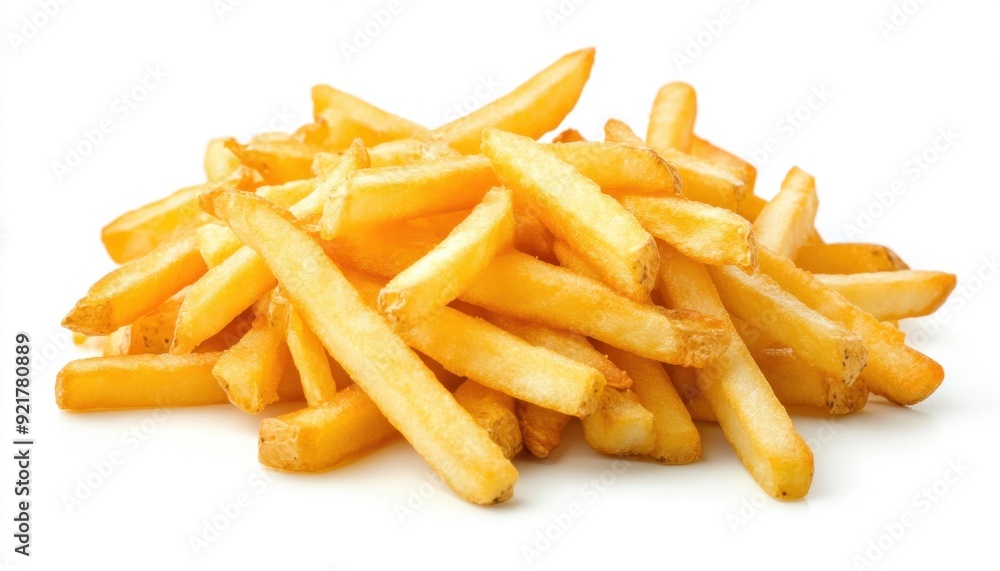 Golden French fries piled on a white surface ready for serving Golden French fries piled on a white surface ready for serving