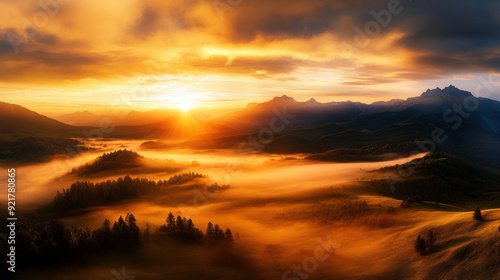 The sun is setting over a mountain range, casting a warm glow over the landscape. The sky is filled with clouds, creating a sense of mystery and depth. The misty atmosphere adds to the serene