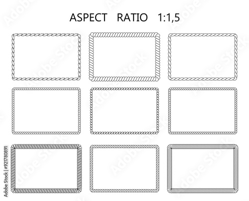 Set of rectangular wide and narrow frames isolated on white background. Marine twisted rope, cable, chain. Collection of borders for decorating text, printing on paper, textiles. Vector illustration