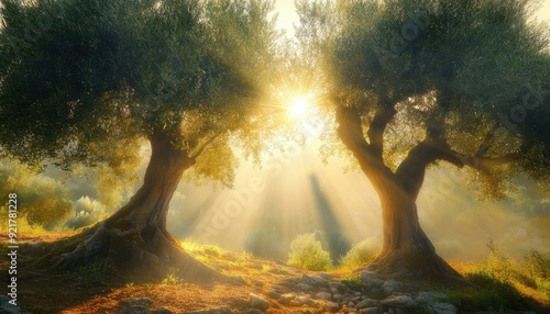 Sunlight streaming through olive trees in a serene outdoor setting during golden hour