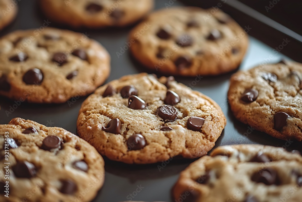 Close-up of golden brown chocolate chip cookies on a baking sheet. Close-up of golden brown chocolate chip cookies on a baking sheet.