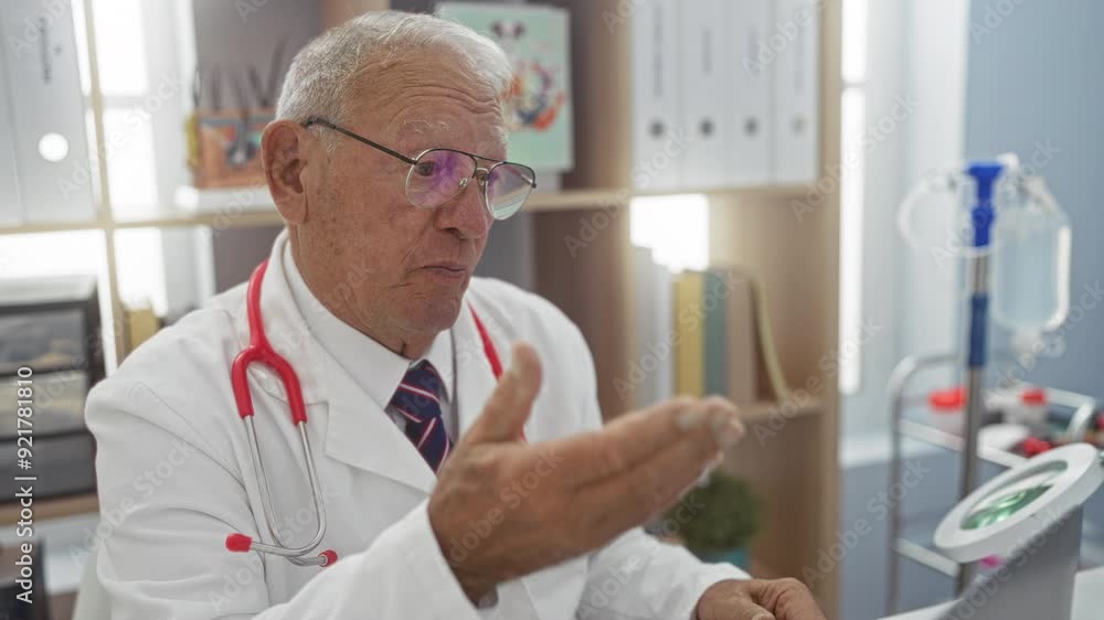 Senior male doctor in a clinic discussing medical matters, wearing a white coat and red stethoscope, sitting in a modern office environment with bookshelves and medical equipment in the background. Senior male doctor in a clinic discussing medical matters, wearing a white coat and red stethoscope, sitting in a modern office environment with bookshelves and medical equipment in the background.