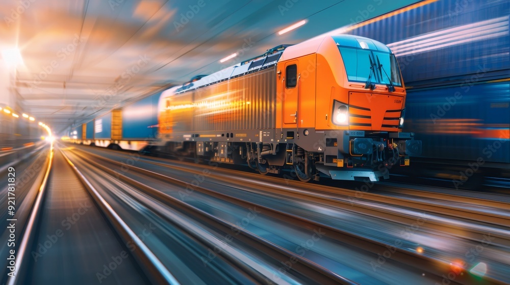 Naklejka premium Moving freight trains in industrial boundaries with copy space, covering all objects, deep depth of field, transit, boundary, transport.