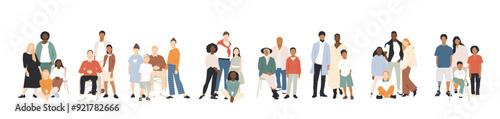 Multicultural group of mothers and fathers with kids.