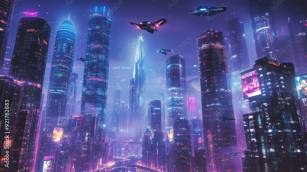 Fototapeta premium Futuristic Cityscape with Flying Vehicles
