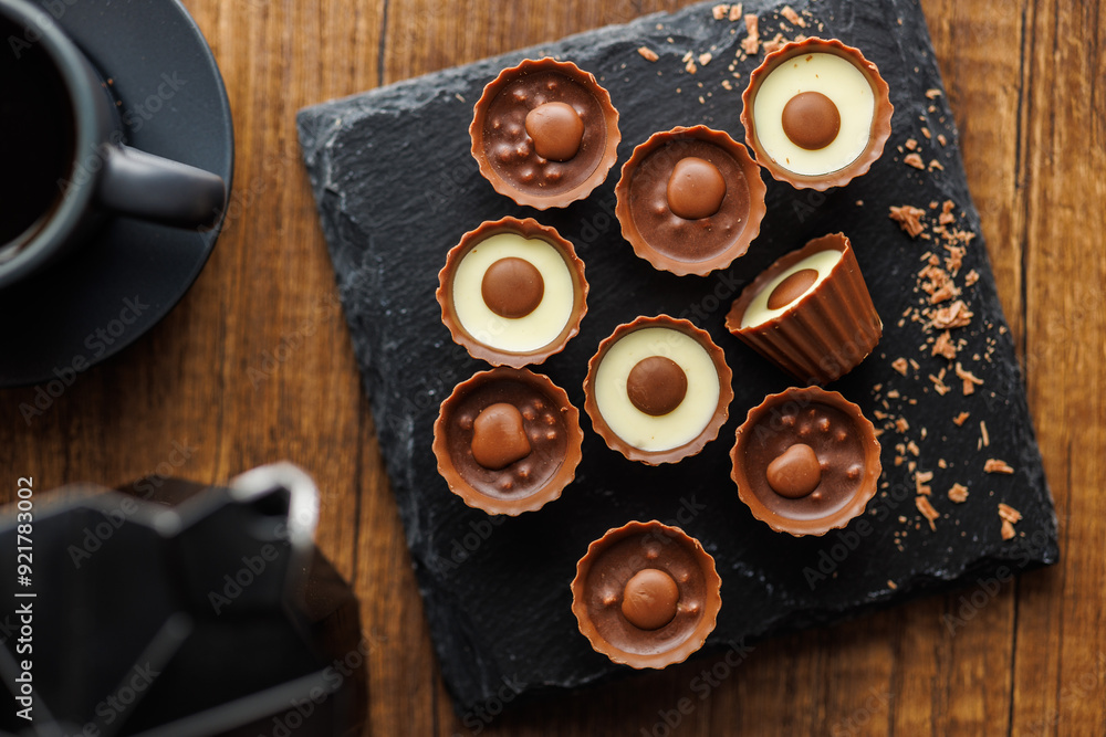 Sweet pralines. Chocolate truffles on wooden table. Top view. Sweet pralines. Chocolate truffles on wooden table. Top view.